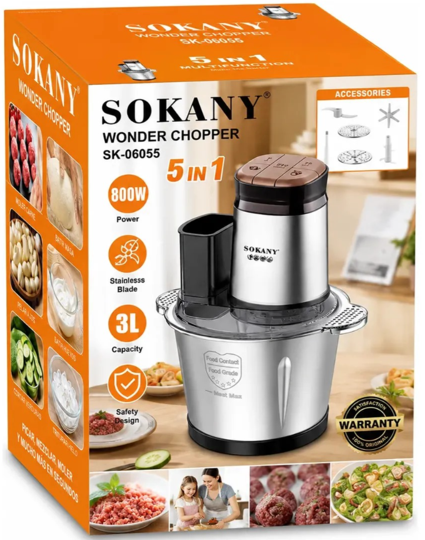 Picatodo Eléctrico Sokany 5 en 1 – Procesador de Alimentos 3L, 800W