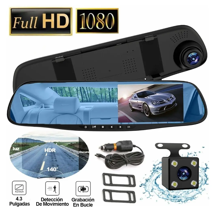 Espejo Retrovisor con Doble Cámara HD y Pantalla de 4.3 Pulgadas