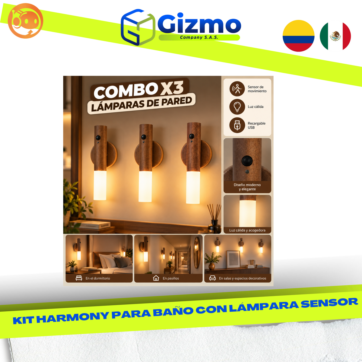 Combo x3 Lámparas LED con Sensor de Movimiento – Luz de Pared Recargable